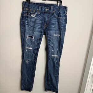 True Religion‎ Men's 36 Blue Jeans Distressed Skull Roses Patches Denim Pants